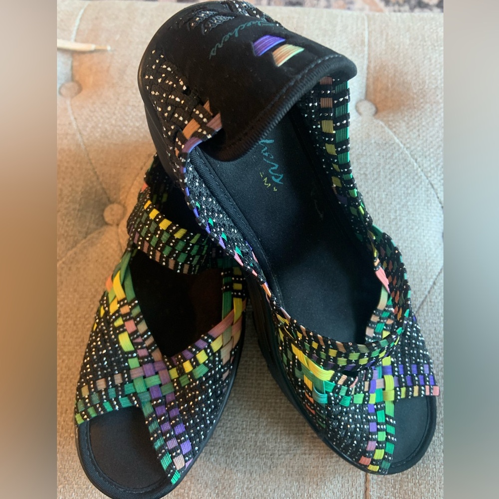 Skechers memory foam Multi Colored on black slip on wedge shoe in Size 11.